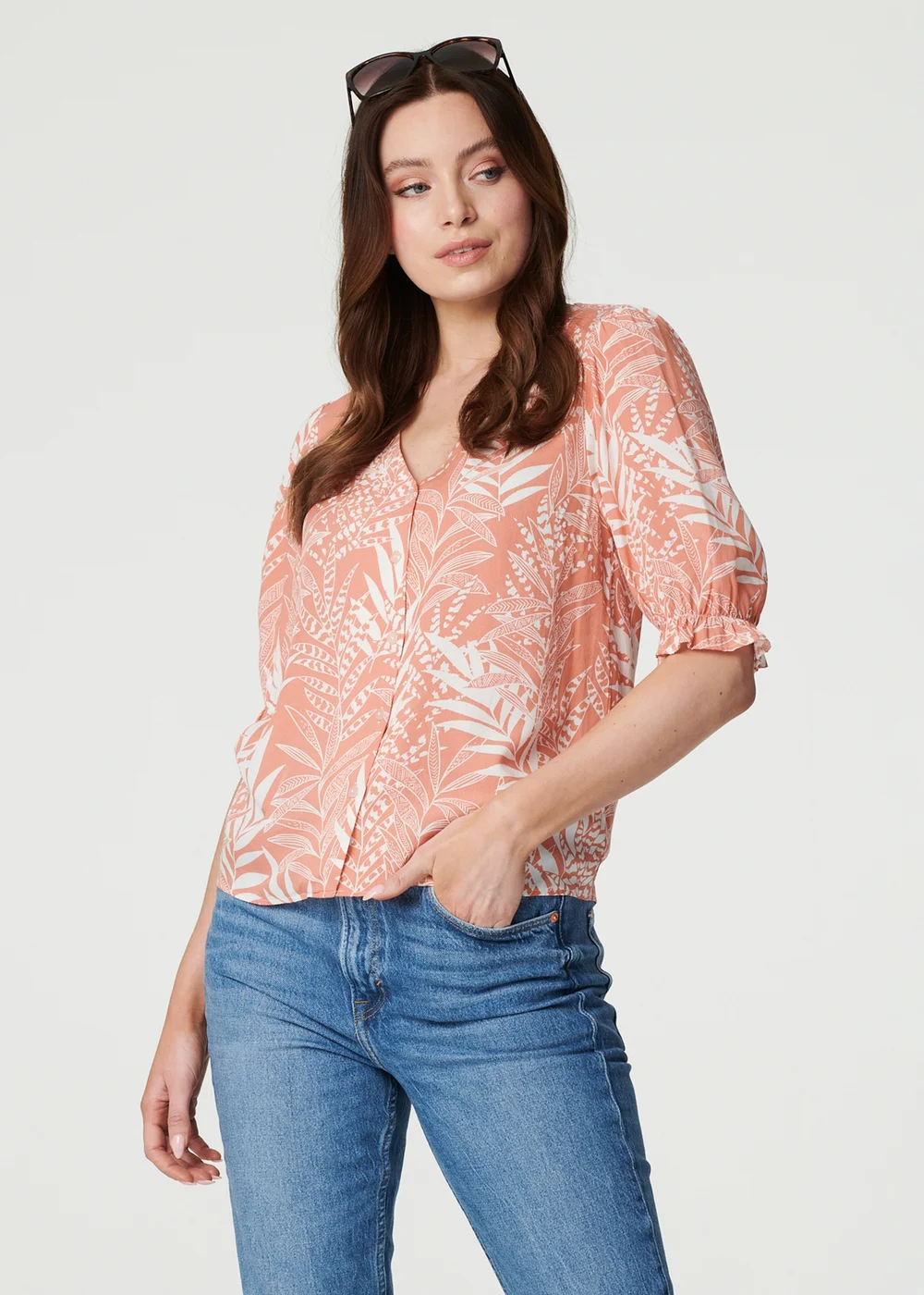 Izabel London Pink Leaf Print Puff Blouse - 8 Image 1