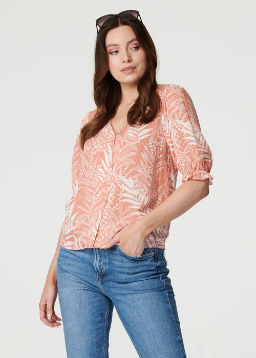 Izabel London Pink Leaf Print Puff Blouse - 8 Image 1