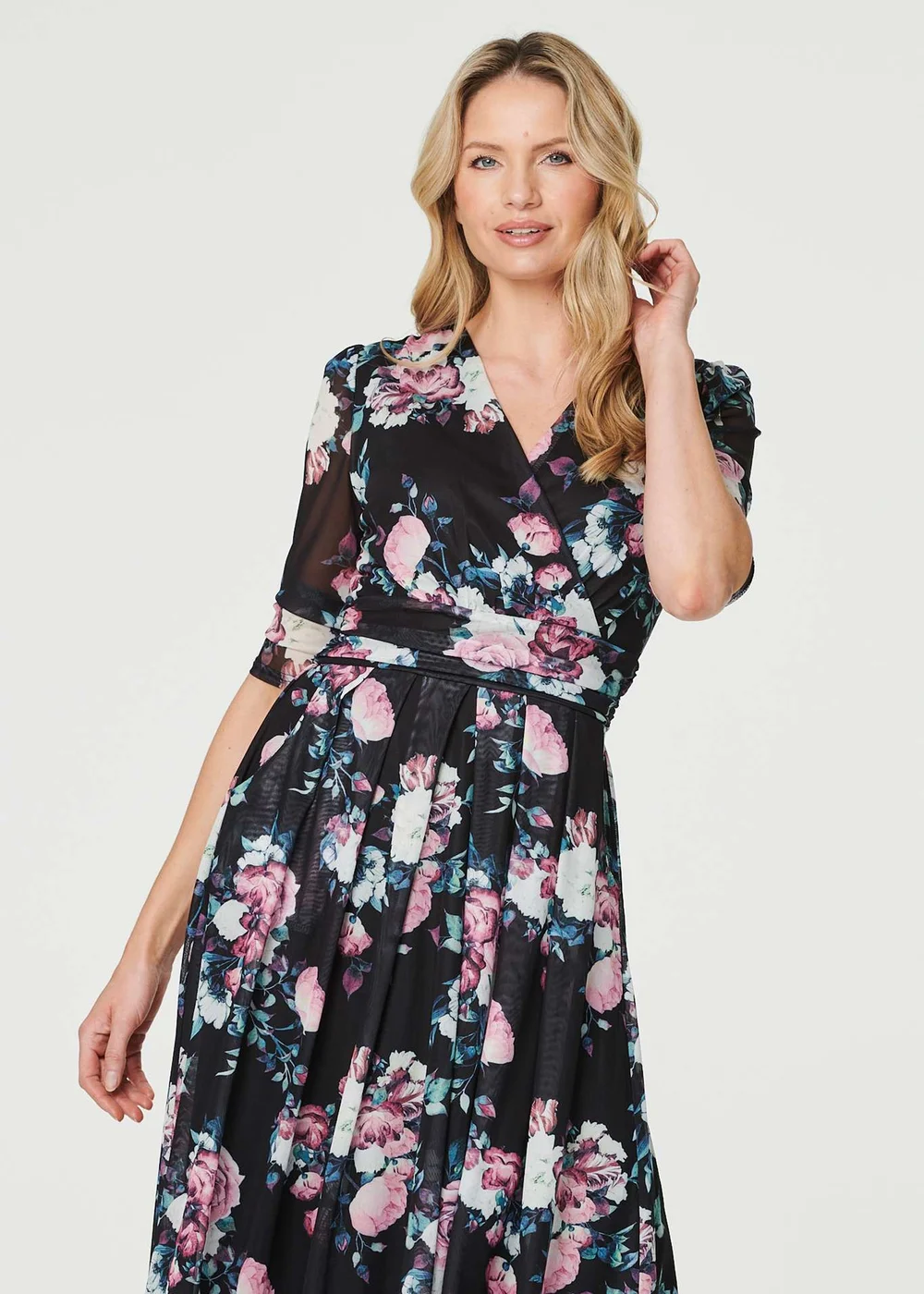 Izabel London Black Floral Ruched Midi Tea Dress - 8 Image 4