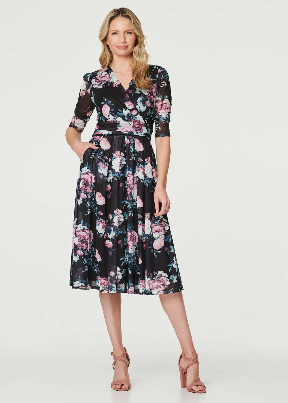 Izabel London Black Floral Ruched Midi Tea Dress - 8 Image 1
