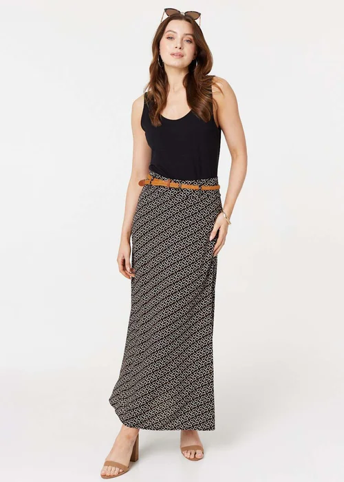 Izabel London Black Printed A-Line Belt Maxi Skirt - Size 8 Image 1