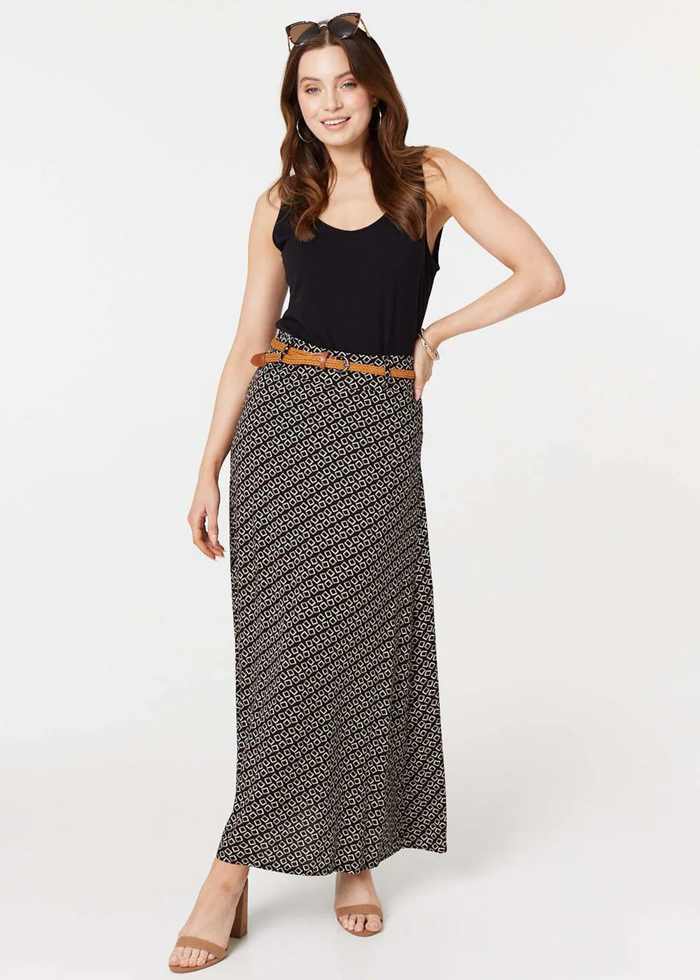 Izabel London Black Printed A-Line Belt Maxi Skirt - Size 8 Image 4
