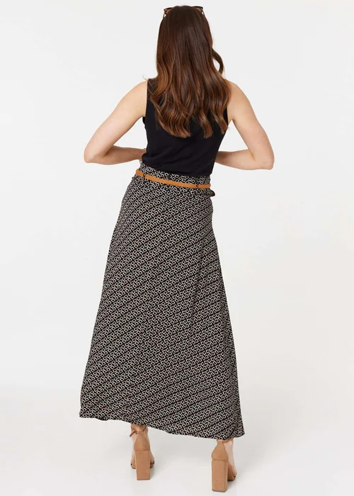 Izabel London Black Printed A-Line Belt Maxi Skirt - Size 8 Image 2