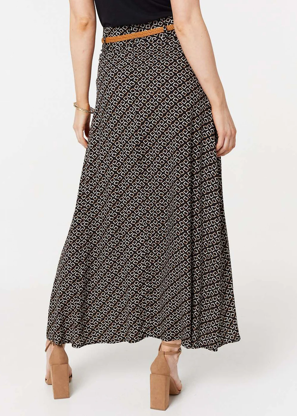 Izabel London Black Printed A-Line Belt Maxi Skirt - Size 8 Image 3