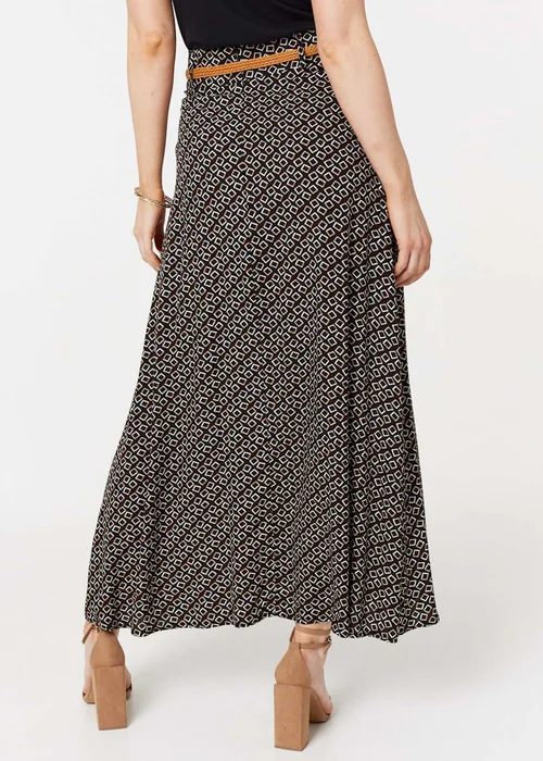 Izabel London Black Printed A-Line Belt Maxi Skirt - Size 8 Image 3