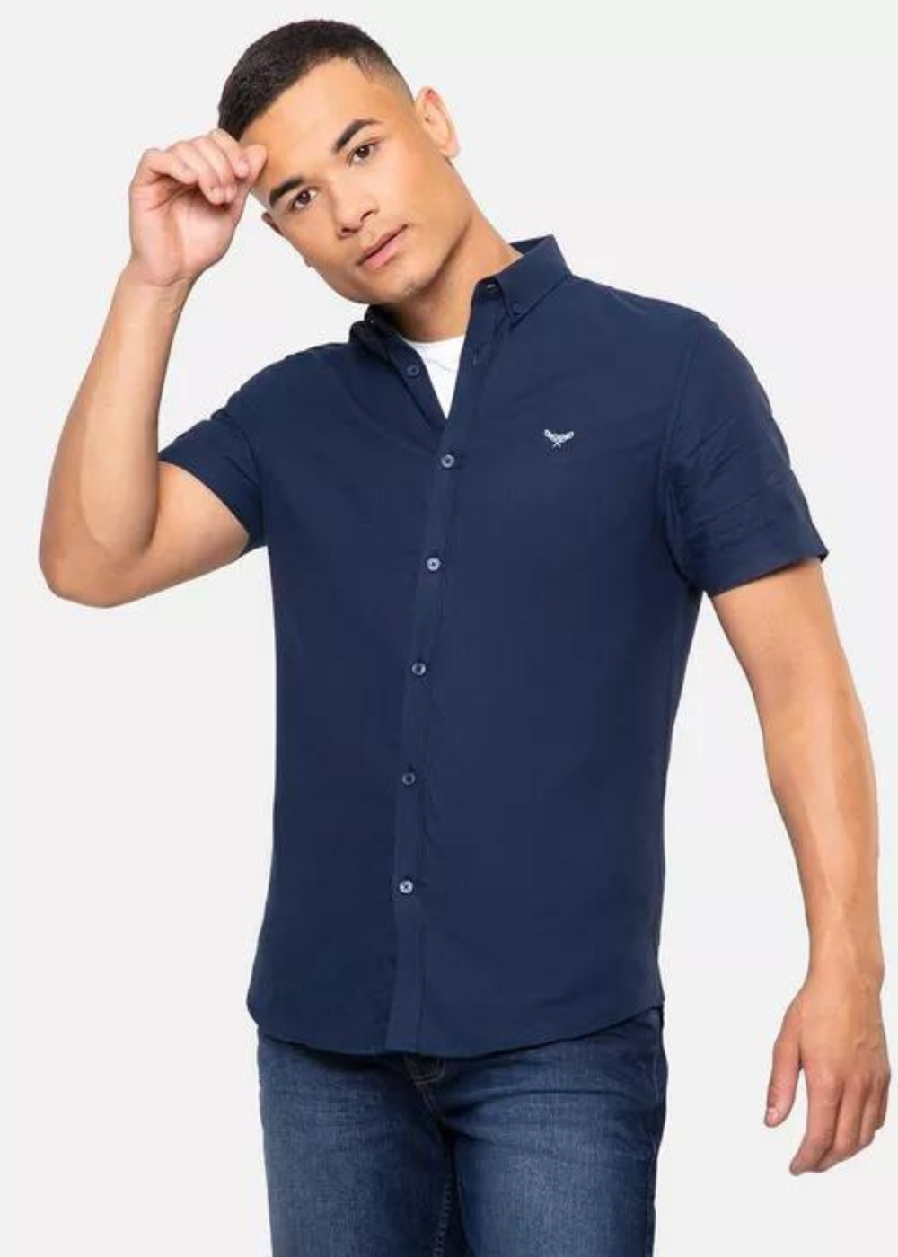 Threadbare Navy Oxford Cotton Short Sleeve Shirt - M Image 1