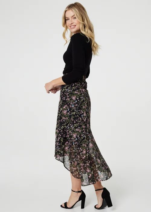 Izabel London Black Floral Semi Sheer High Low Skirt - Size 8 Image 2