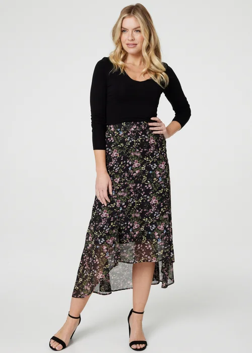 Izabel London Black Floral Semi Sheer High Low Skirt - Size 8 Image 4