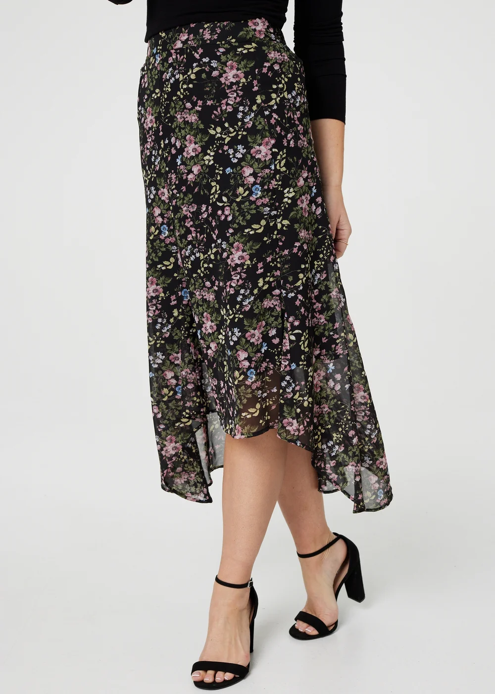 Izabel London Black Floral Semi Sheer High Low Skirt - Size 8 Image 3