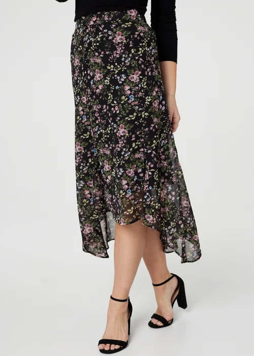 Izabel London Black Floral Semi Sheer High Low Skirt - Size 8 Image 3