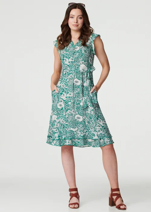 Izabel London Green Paisley Frill Hem Cap Sleeve Dress - 8 Image 4