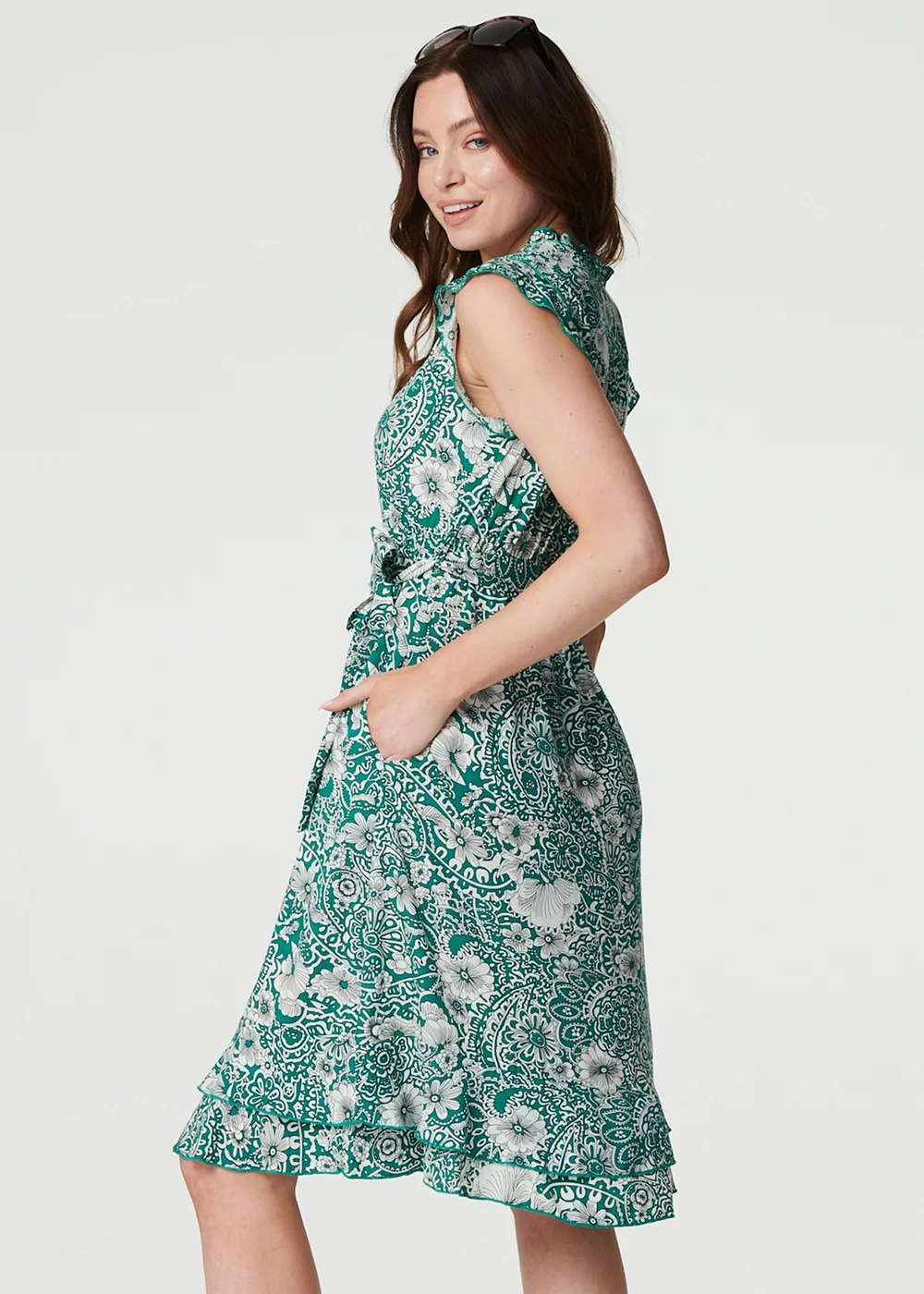 Izabel London Green Paisley Frill Hem Cap Sleeve Dress - 8 Image 2