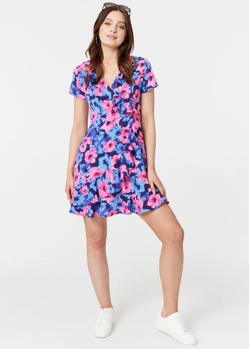 Izabel London Blue Floral Frill Faux Wrap Short Dress - 8 Image 4
