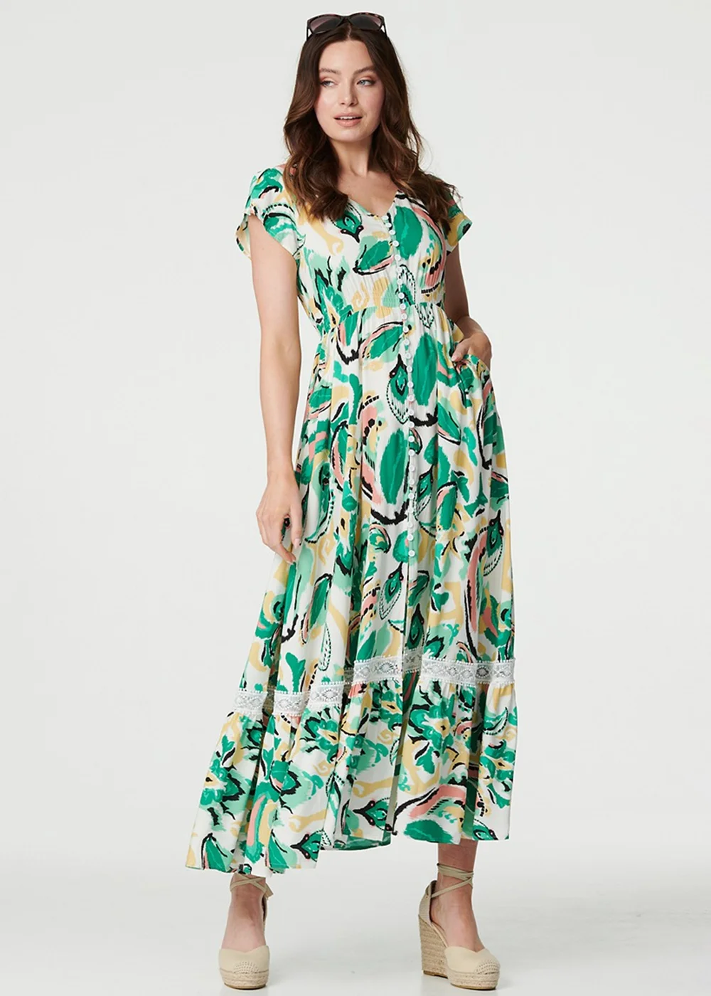 Izabel London Green Printed Lace Trim Maxi Dress - 8 Image 1