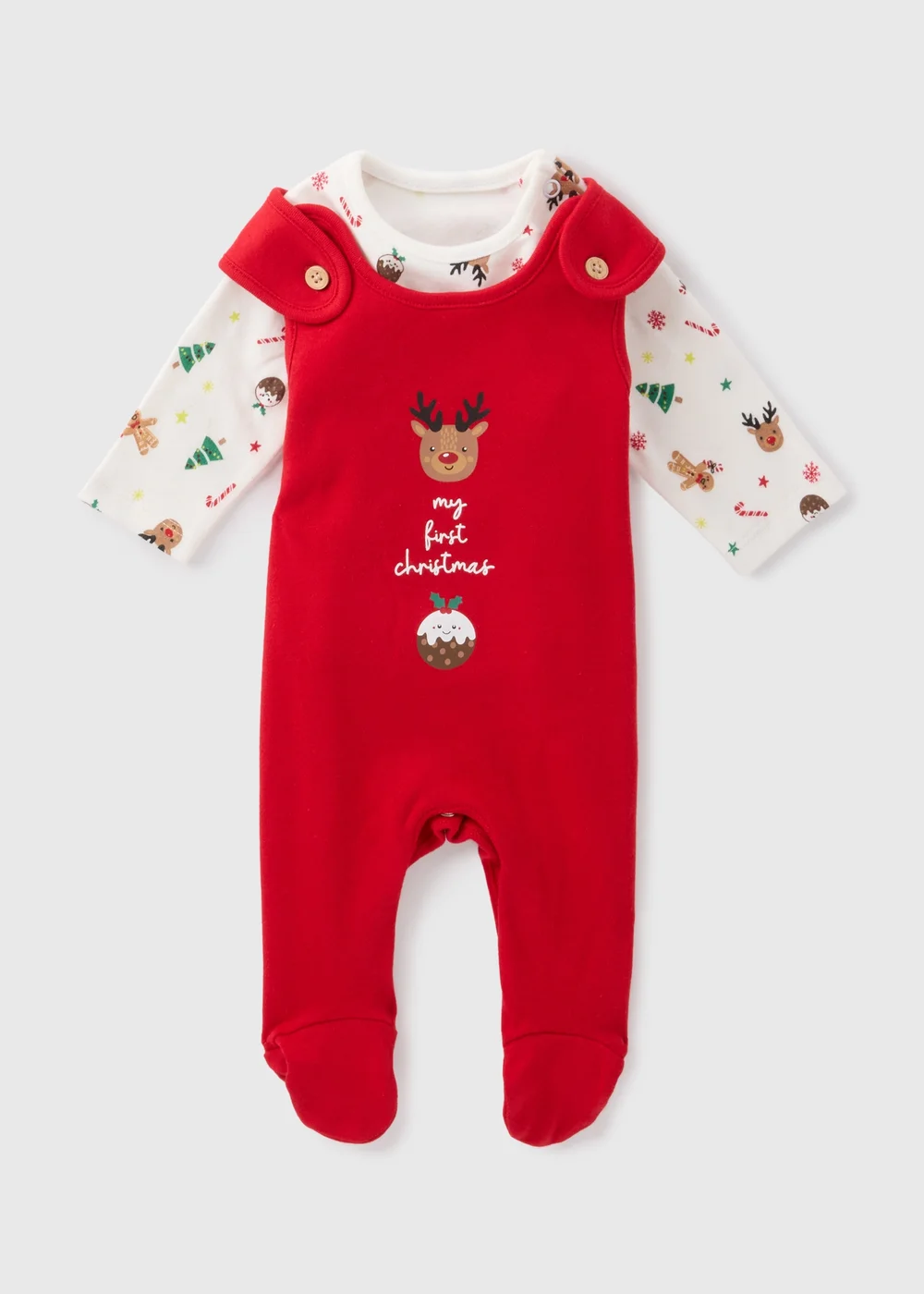 Baby Red Christmas Dungaree & Top Set (Newborn-12mths) - Age 0 - 3 Months Image 1