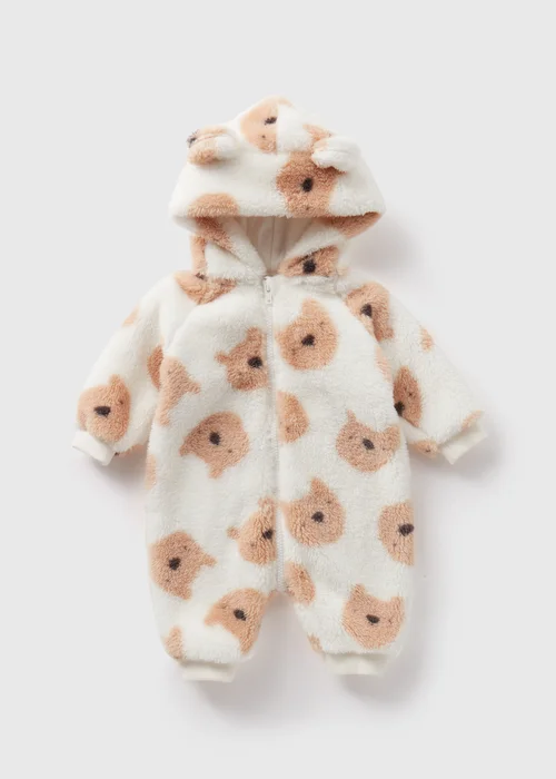 Baby Cream Bear Fluffy Pramsuit (Newborn-18mths) - 0-3 months Image 1