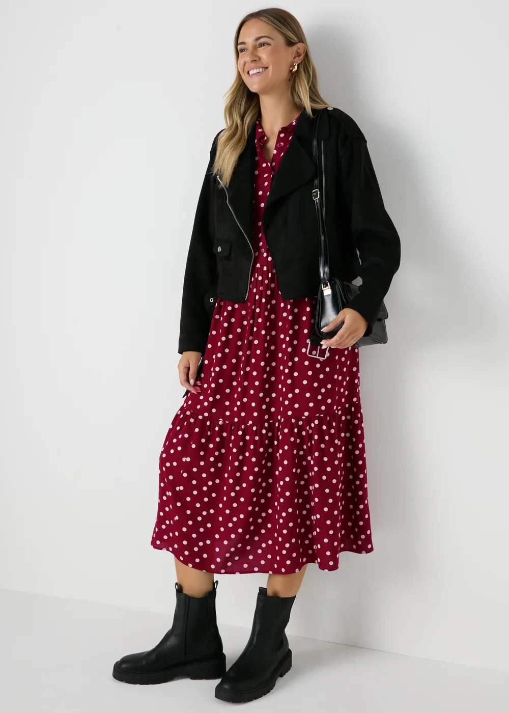 Burgundy Spot Midi Shirt Dress - 8 Image 3
