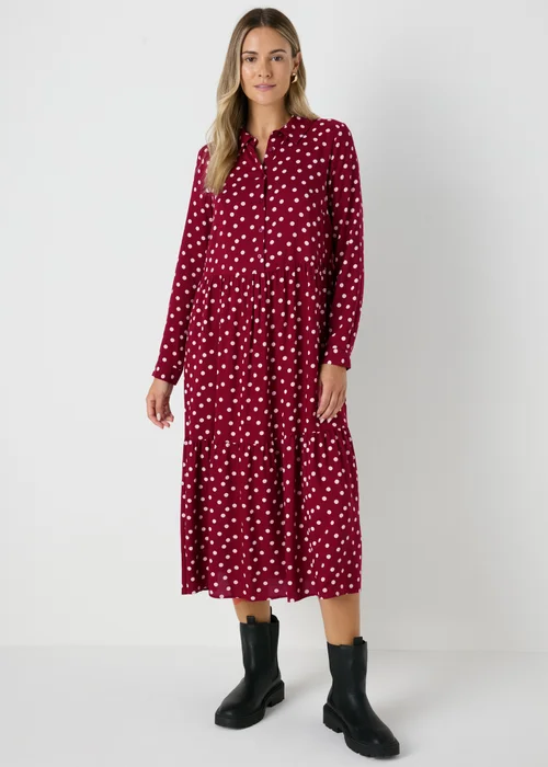 Burgundy Spot Midi Shirt Dress - 8 Image 1