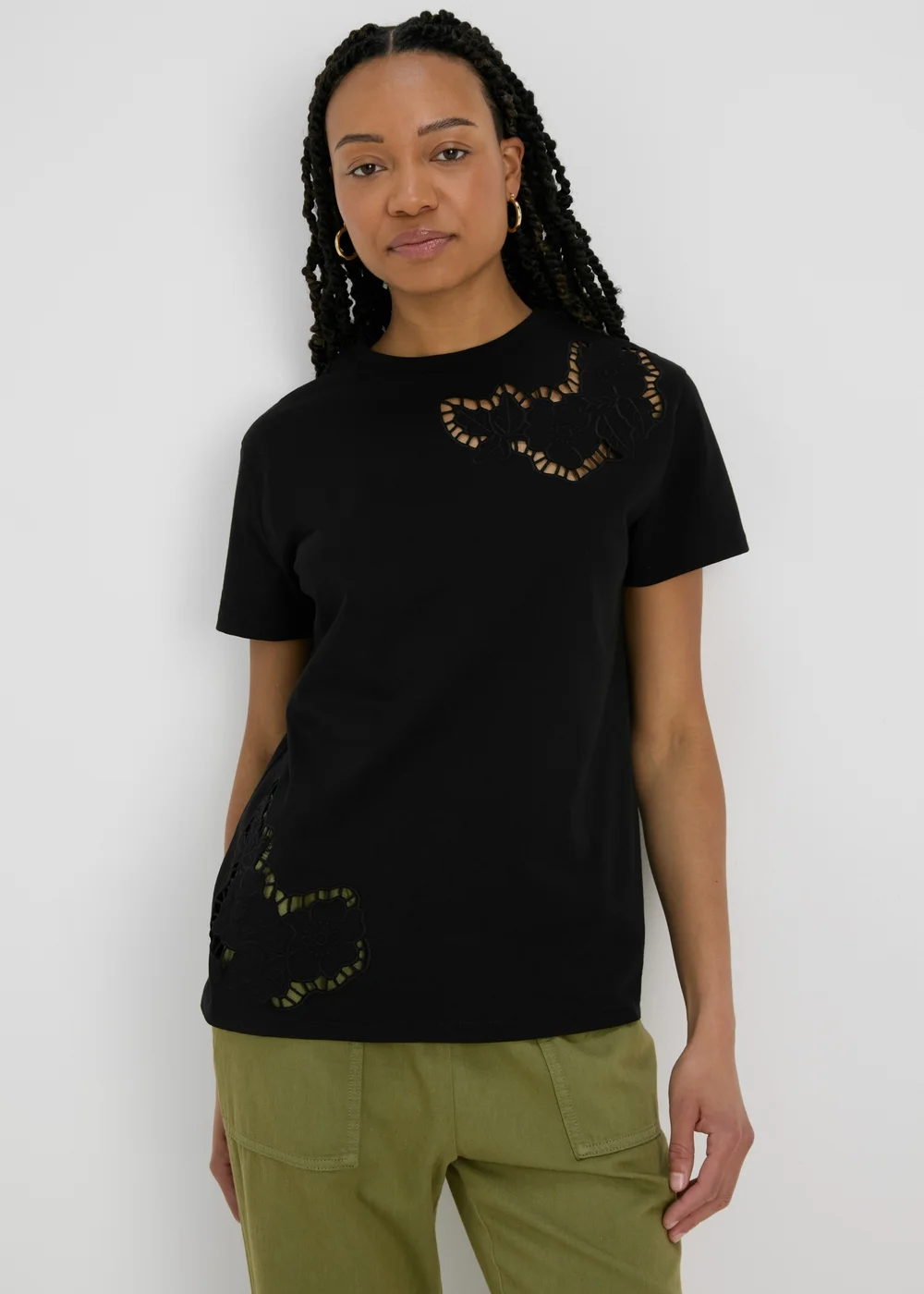 Black Floral Cut Out T-Shirt - Small Image 1