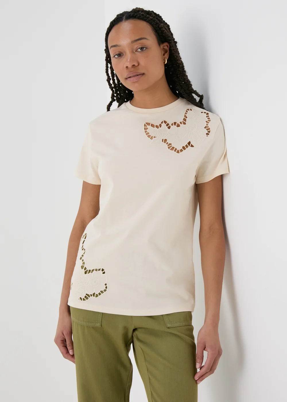 Cream Floral Cut Out T-Shirt - Small Image 1