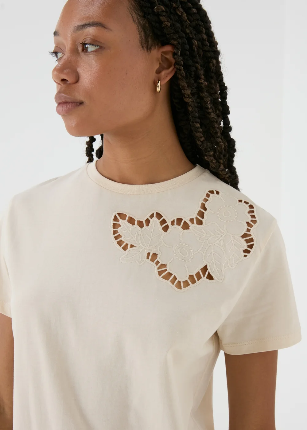 Cream Floral Cut Out T-Shirt - Small Image 3