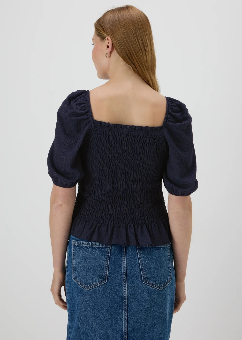 Navy Shirred Square Neck Top - 8 Image 2