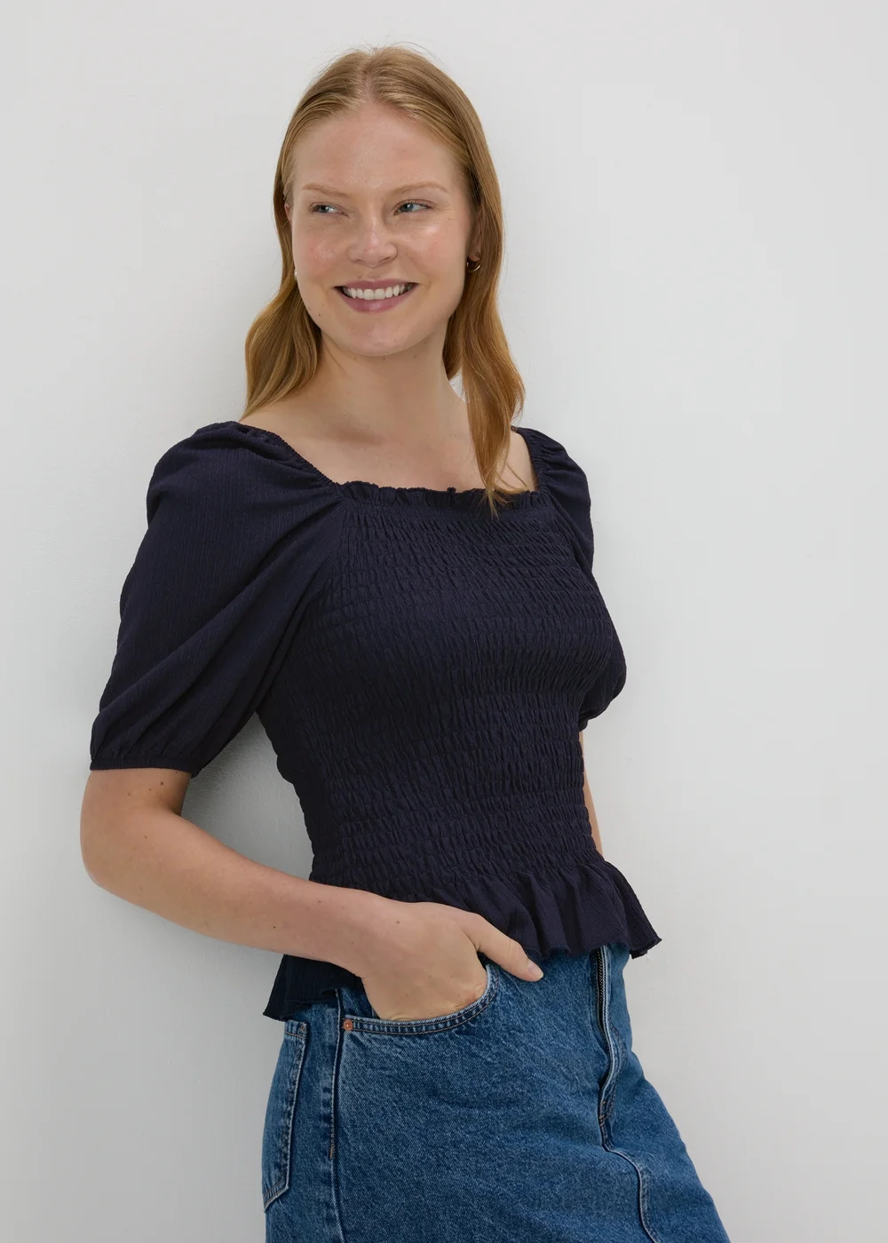 Navy Shirred Square Neck Top - 8 Image 3