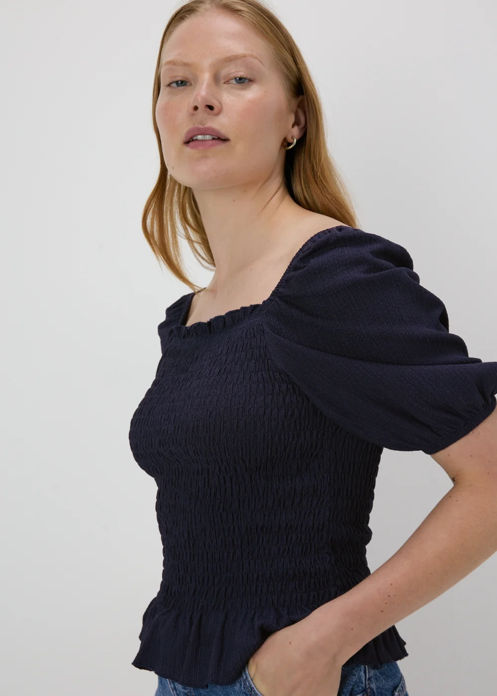 Navy Shirred Square Neck Top - 8 Image 1
