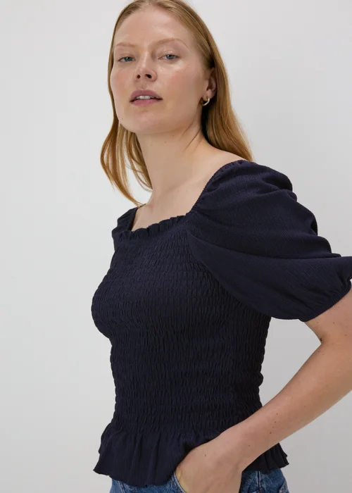Navy Shirred Square Neck Top - 8 Image 1