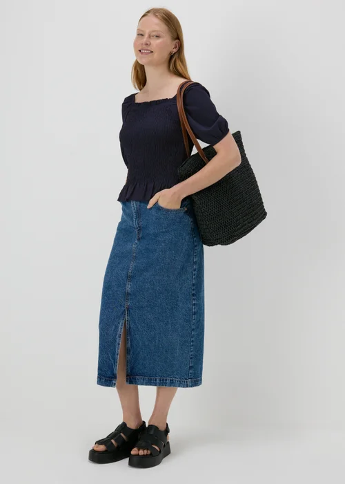Navy Shirred Square Neck Top - 8 Image 4
