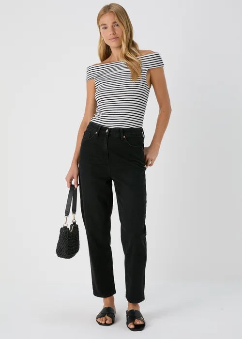 Black Mono Stripe Ribbed Bardot Top - 8 Image 4