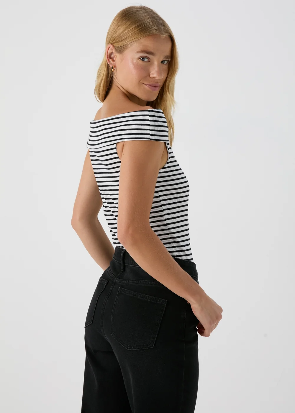 Black Mono Stripe Ribbed Bardot Top - 8 Image 2
