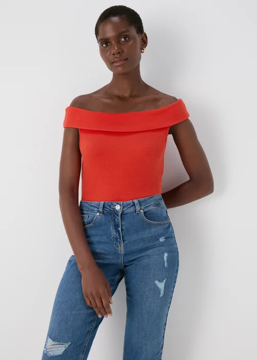 Red Ribbed Bardot Top - Size 8 Image 1