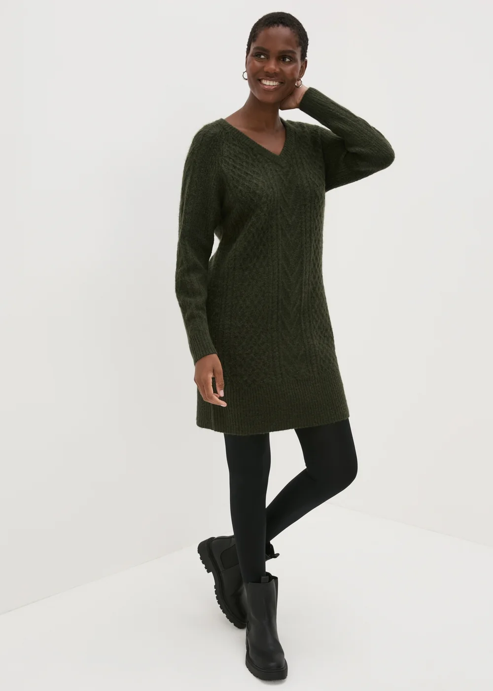 Green Cable Knit V-Neck Mini Dress - XS Image 1