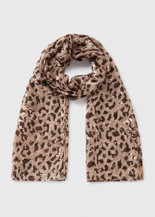 Brown Gold Foil Leopard Woven Scarf - One Size Image 1