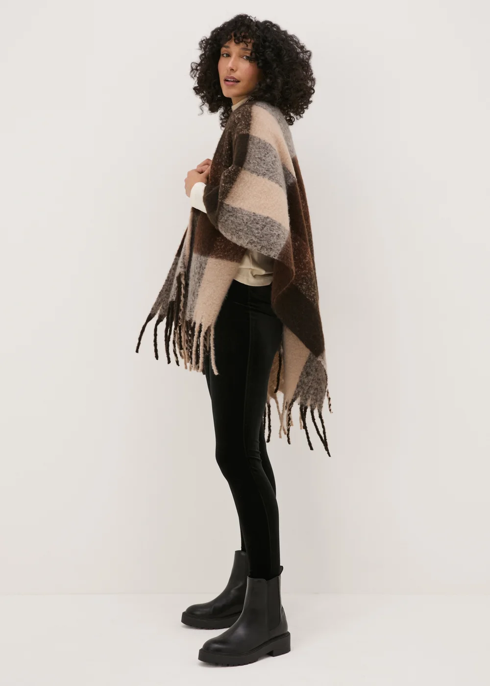 Brown Check Brushed Shawl - One Size Image 1