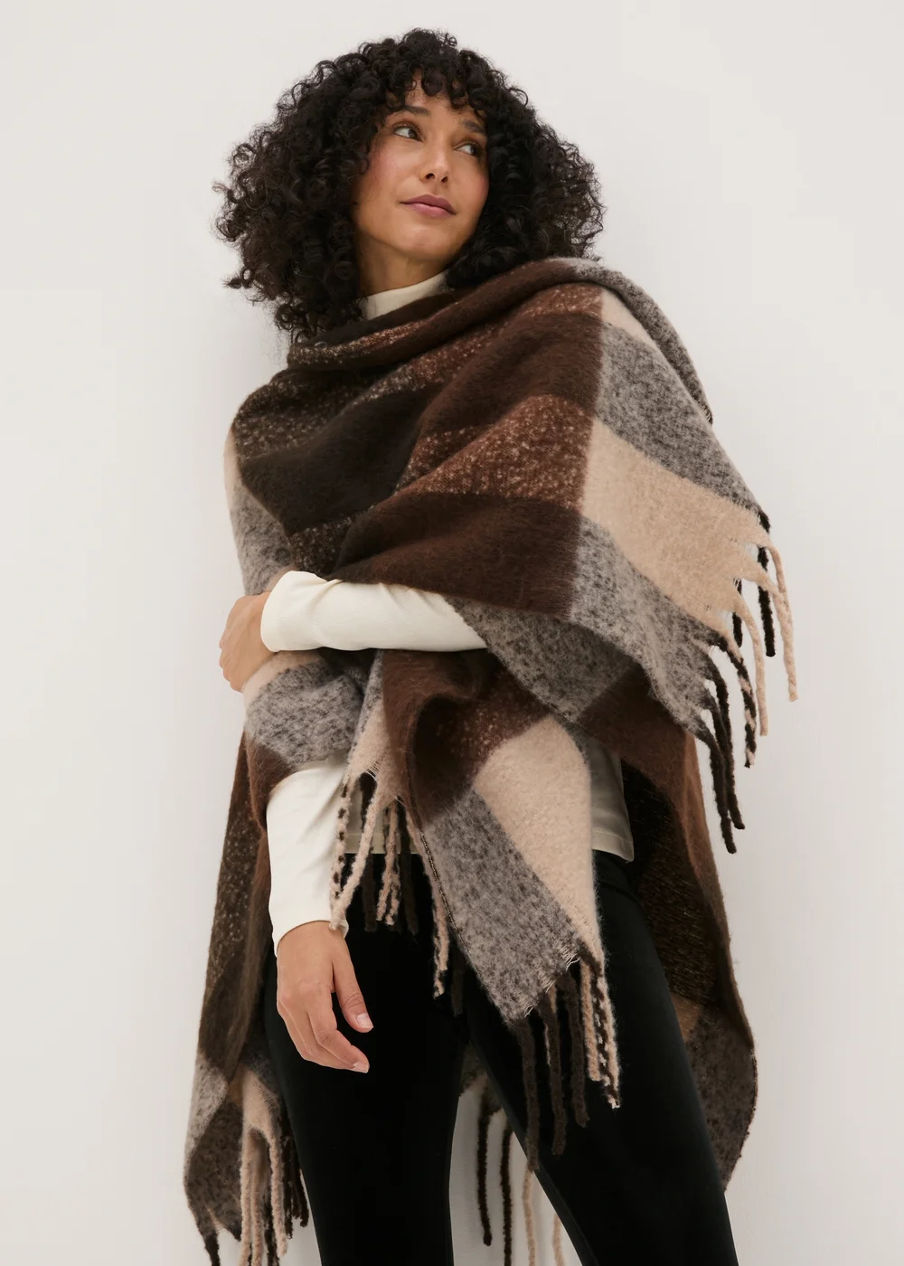 Brown Check Brushed Shawl - One Size Image 3