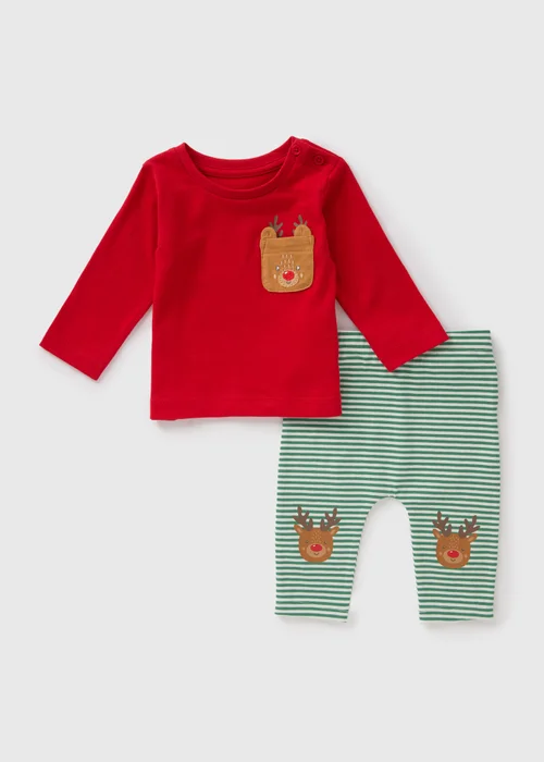 Baby Red Christmas Reindeer Top & Leggings Set (Newborn-23mths) - Age 0 - 3 Months Image 1