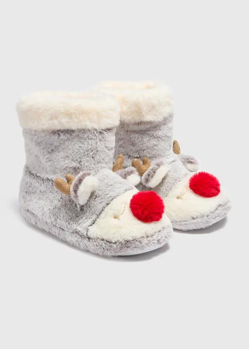 Winter Poem Grey Reindeer Slipper Boots - Small Image 1