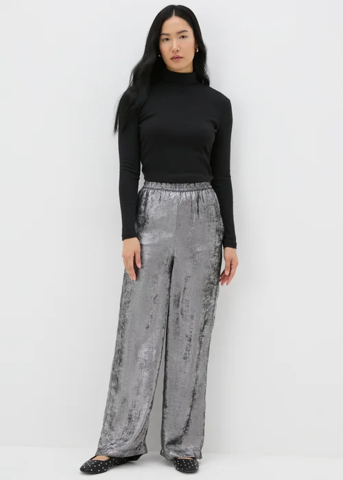 Silver Wide Leg Textured Trousers - 8 Image 1