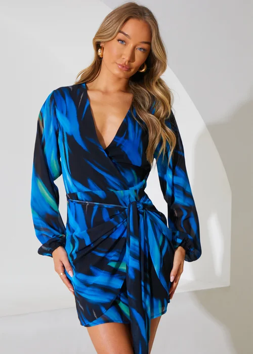 In The Style Perrie Sian Black Abstract Print Wrap Mini Dress - Size 8 Image 2
