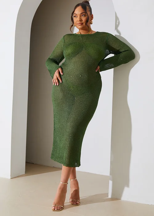 In The Style Green Sequin Knitted Maxi Dress - 6-8 Image 3