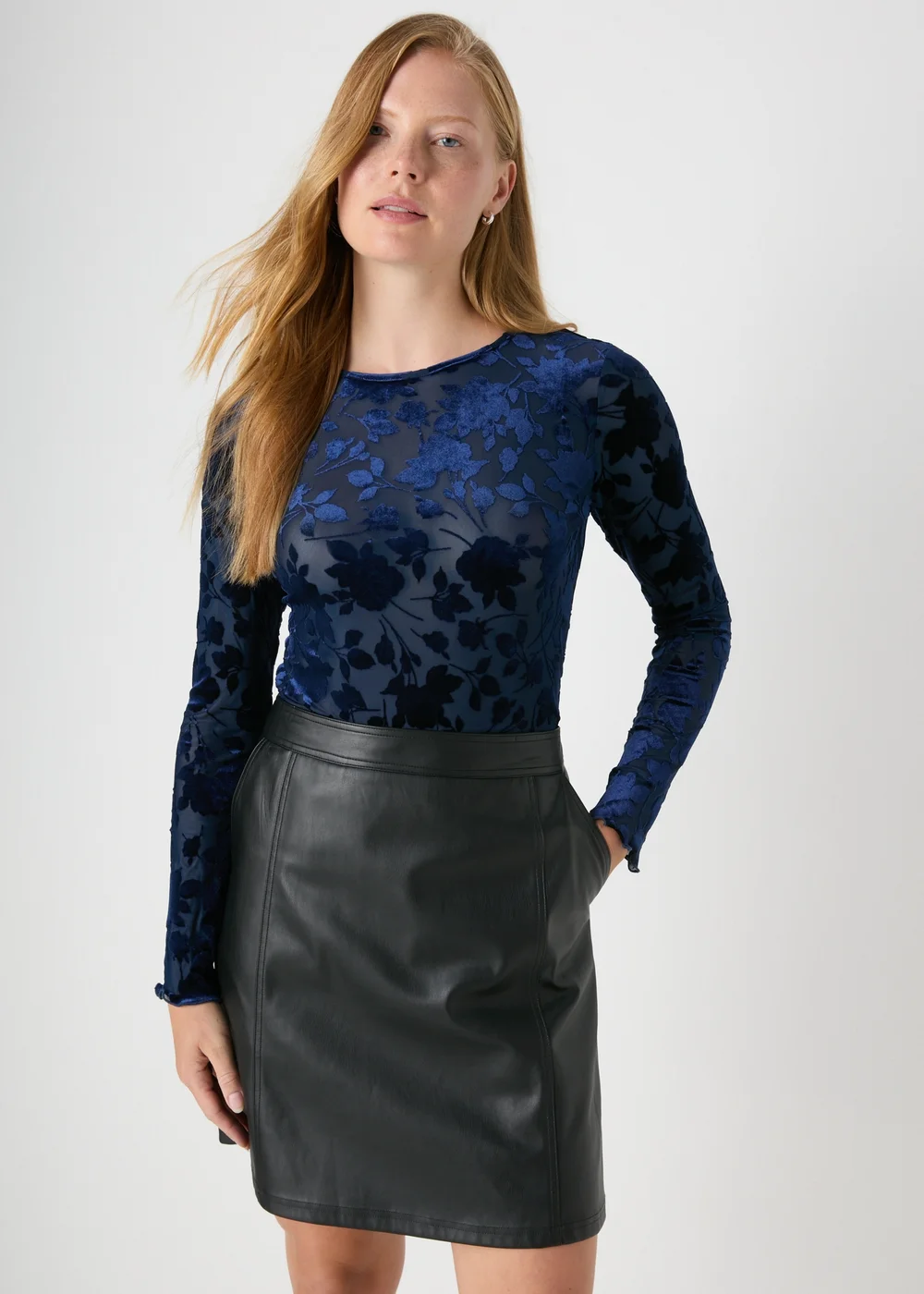 Navy Floral Velour High Neck Top - 8 Image 3