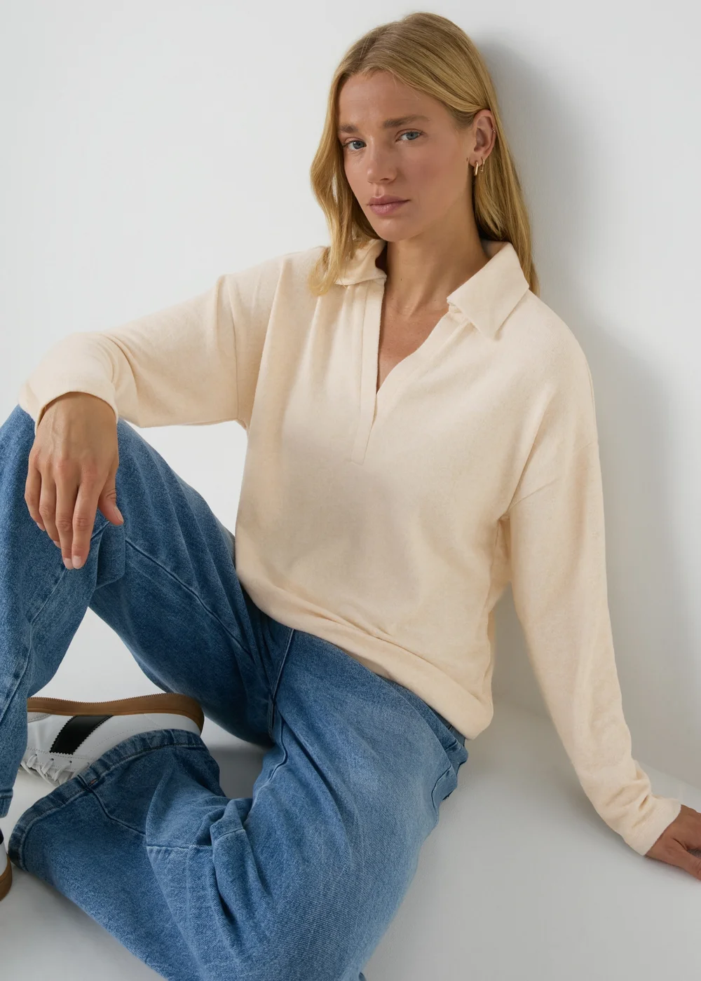 Beige Collared V-Neck Top - S Image 1