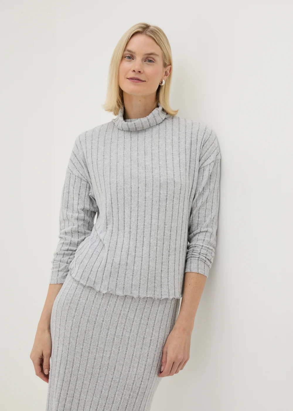 Grey Ribbed Soft Touch High Neck Top - 8 Image 1
