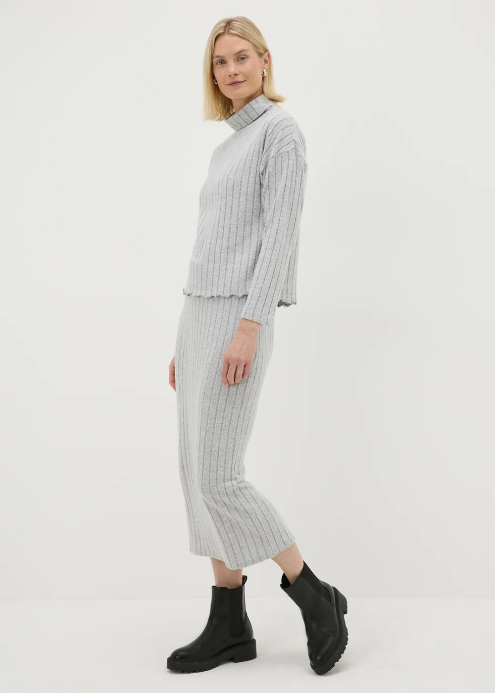 Grey Ribbed Soft Touch High Neck Top - 8 Image 3
