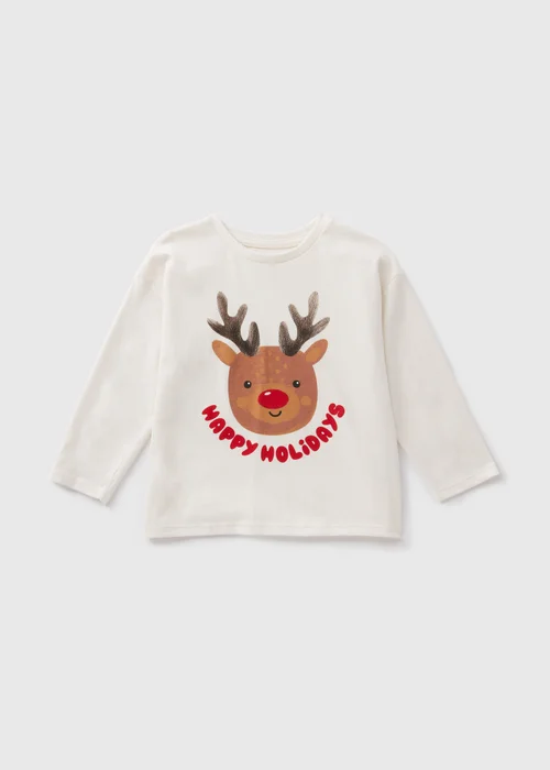 Girls Cream Reindeer Long Sleeve Top (1-7yrs) - 1-1.5 Yrs Image 1