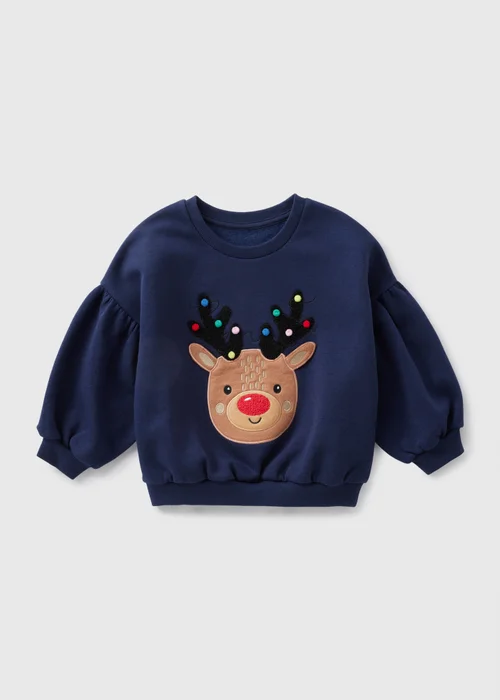 Girls Navy Reindeer Sweatshirt (1-7yrs) - 1-1.5 Yrs Image 1