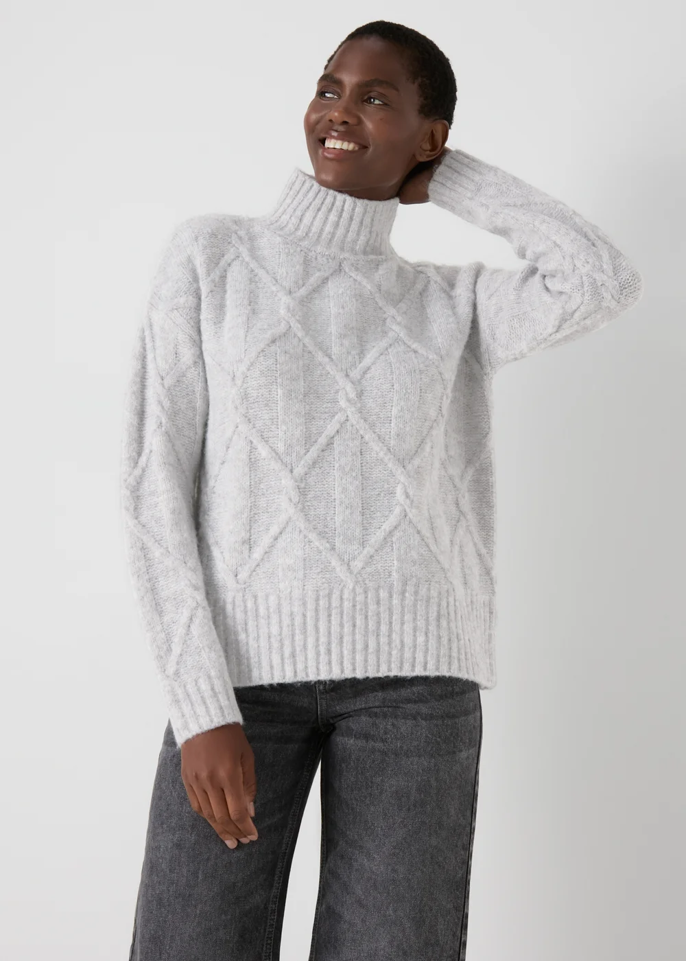 Grey Cable Knit High Neck Jumper - XS Image 1