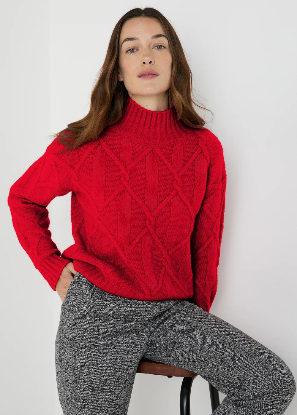 Red Cable Knit High Neck Jumper - XS Image 1